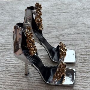 Versace Silver Heels with Gold Chain Accents size 41
